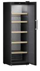 Produkt-Bild, Perspektive: schräg offen leer, Weinlagerschrank, Gehäusefarbe: Schwarz, Türfarbe: Schwarz