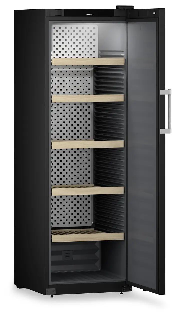 Immagine del prodotto, Prospettiva: Inclinato aperto vuoto, Armadio per vini, Colore della struttura: nero, Colore della porta: nero
