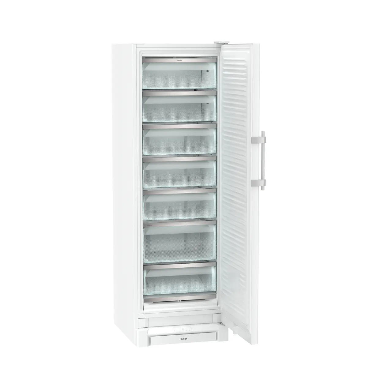 Product image, Perspective: oblique open empty, Freestanding freezer with BluRoX technology and NoFrost, Casing colour: white, Door colour: white