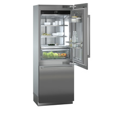 Product image, Perspective: oblique open decorated, Combined refrigerator-freezer with BioFresh and NoFrost for integrated use, Casing colour: grey