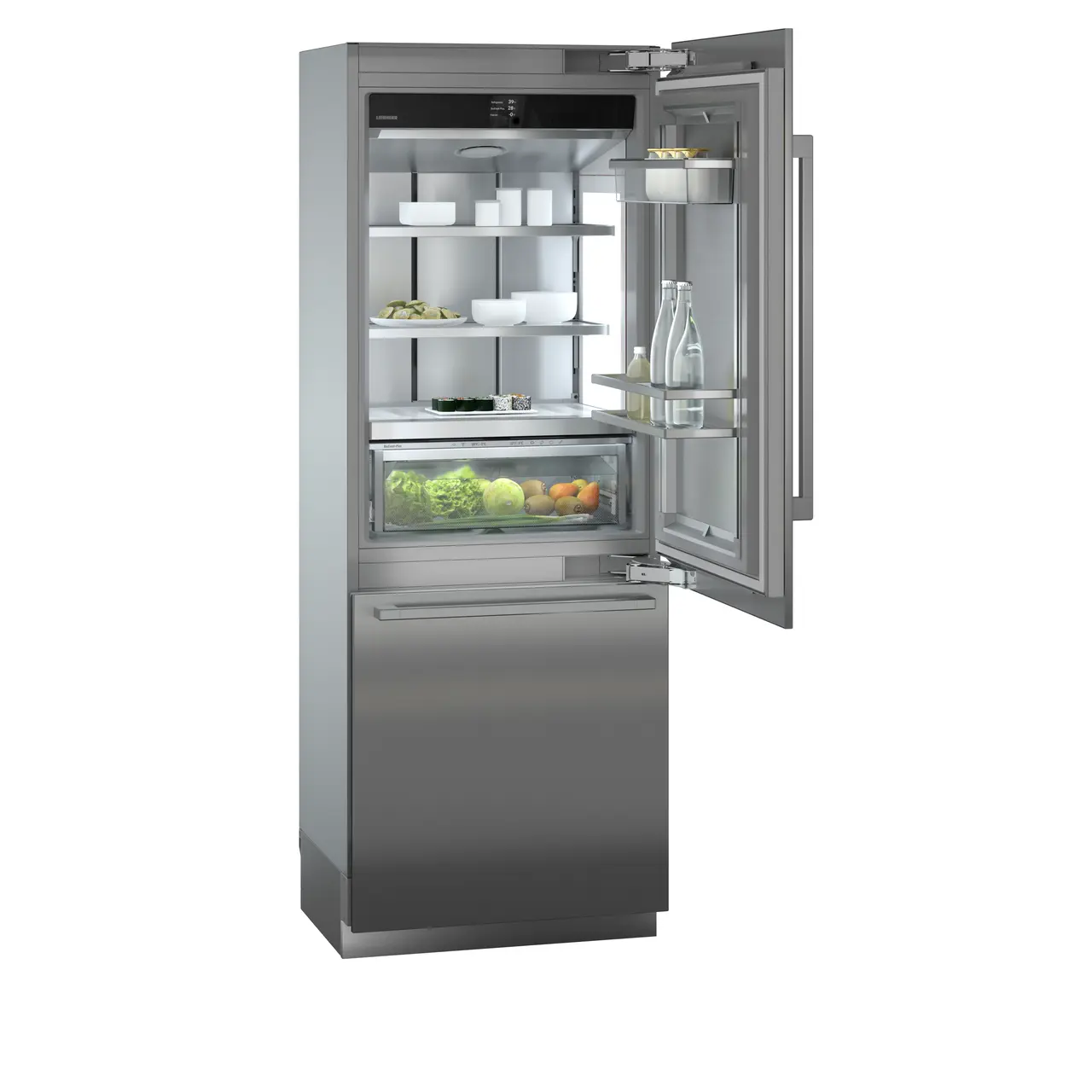 Product image, Perspective: oblique open decorated, Combined refrigerator-freezer with BioFresh and NoFrost for integrated use, Casing colour: grey
