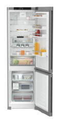 Product image, Perspective: straight open decorated, Combined fridge-freezers with EasyFresh and NoFrost, Casing colour: silver, Door colour: stainless steel