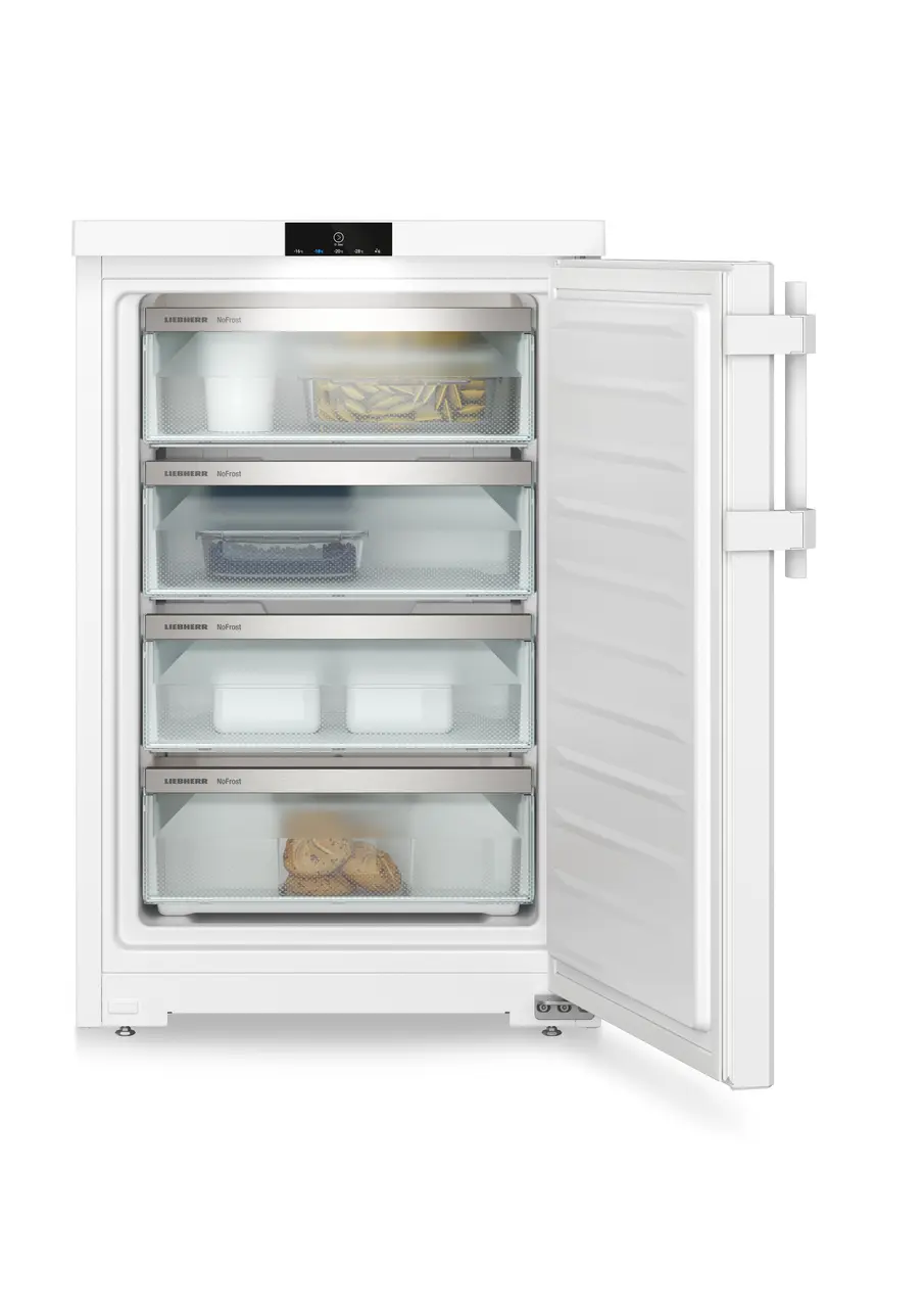 Изображение продукции, Перспектива: Прямо, с открытой дверцей, с продуктами, Малогабаритная морозильная камера с системой NoFrost, Цвет корпуса: белый, Цвет дверцы: белый