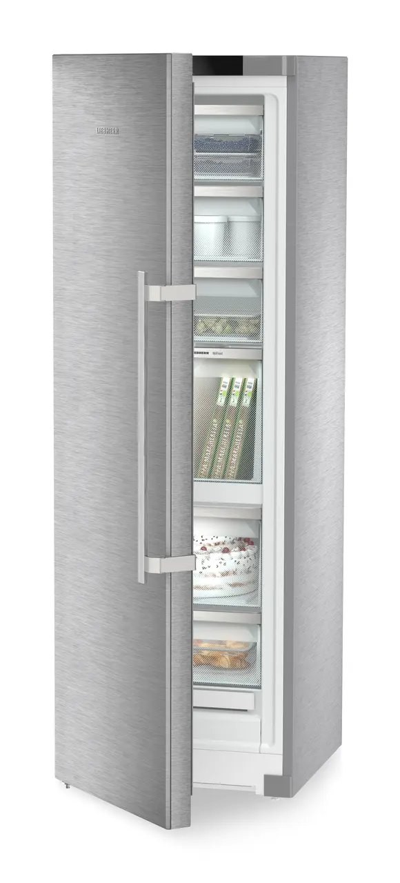 Produktbillede, Perspektiv: Skrå halvåben udsmykket, Fritstående fryser med NoFrost, Kabinetfarve: Rustfrit stål, Dørfarve: Rustfrit stål