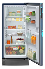 Product image, Perspective: straight open decorated, Single-door fridge 191 l in 2 star with foot pedal base drawer, Casing colour: blue, Door colour: Blue Divine