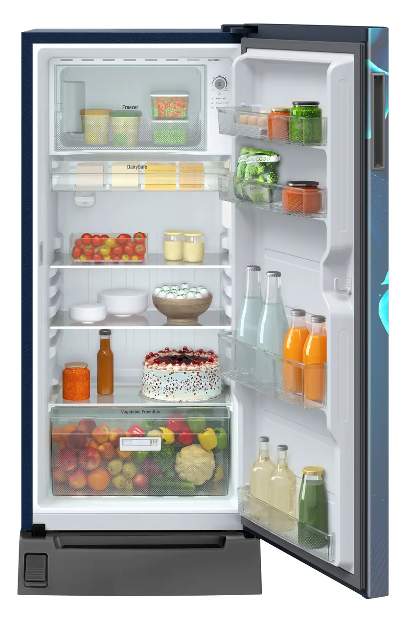 Product image, Perspective: straight open decorated, Single-door fridge 191 l in 2 star with foot pedal base drawer, Casing colour: blue, Door colour: Blue Divine