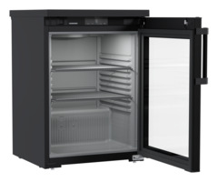 Obraz produktu, Perspektywa: Pod kątem, otwarte, puste, Chłodziarka do zabudowy pod blat z chłodzeniem powietrzem obiegowym, Kolor obudowy: Czarna, Kolor drzwi: Czarna