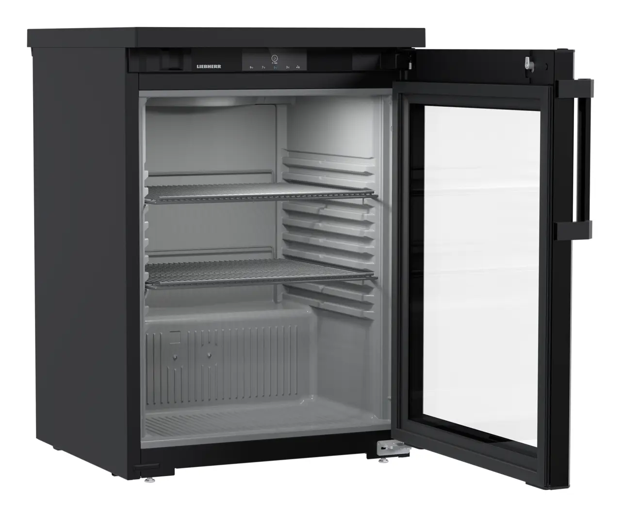 Obraz produktu, Perspektywa: Pod kątem, otwarte, puste, Chłodziarka do zabudowy pod blat z chłodzeniem powietrzem obiegowym, Kolor obudowy: Czarna, Kolor drzwi: Czarna