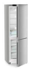 Product image, Perspective: oblique half-open empty, Combined fridge-freezers with EasyFresh and NoFrost, Casing colour: silver, Door colour: Steelfinish