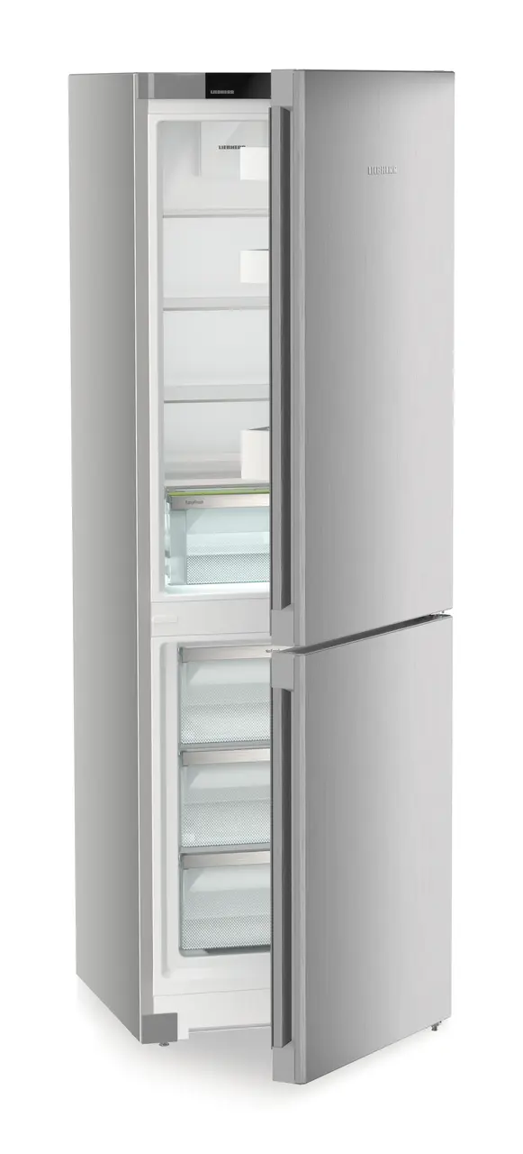 Product image, Perspective: oblique half-open empty, Combined fridge-freezers with EasyFresh and NoFrost, Casing colour: silver, Door colour: Steelfinish