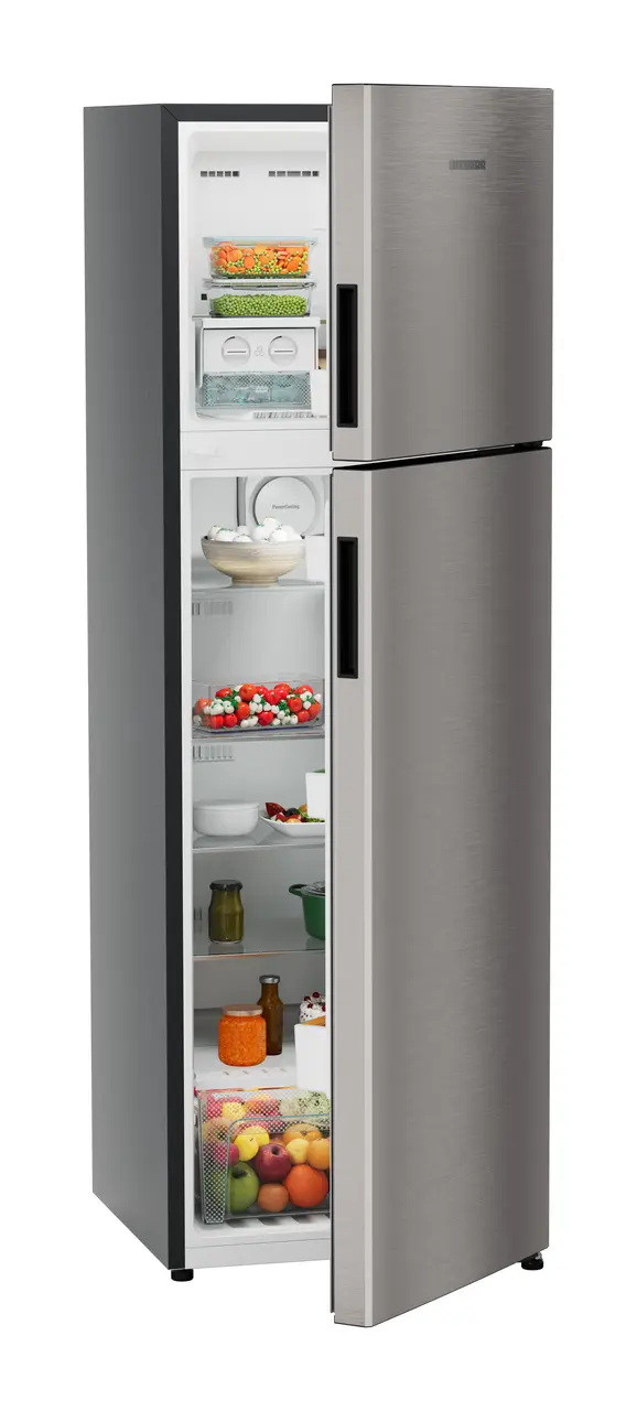 Product image, Perspective: oblique half-open decorated, Fridge-freezer with NoFrost, Casing colour: grey, Door colour: Grey Steel