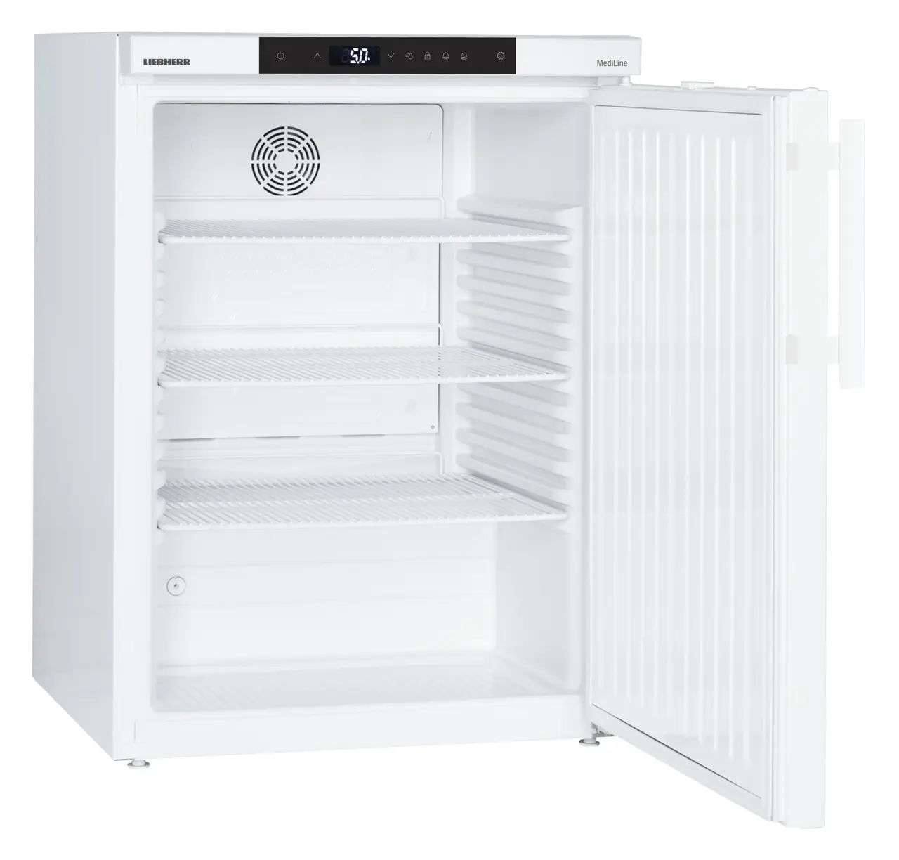 Product image, Perspective: oblique open empty, Lab refrigerator with Comfort electronic controller, Casing colour: white