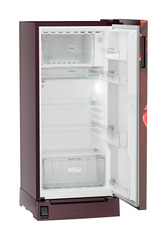 Product image, Perspective: oblique open empty, Single-door fridge, 191 l in 2 star with foot pedal base drawer, Casing colour: red, Door colour: Red Divine