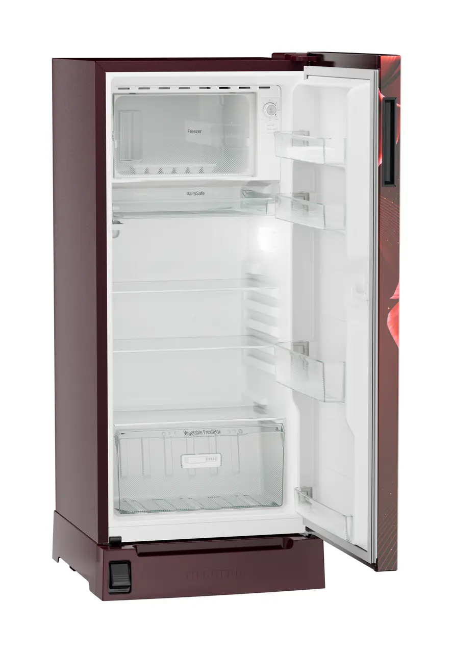 Product image, Perspective: oblique open empty, Single-door fridge, 191 l in 2 star with foot pedal base drawer, Casing colour: red, Door colour: Red Divine