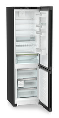 Product image, Perspective: oblique open empty, Combined fridge-freezers with EasyFresh and NoFrost, Casing colour: black, Door colour: BlackSteel