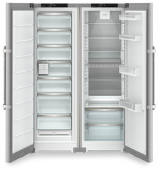 Product image, Perspective: straight open empty, Side-by-Side combination, Casing colour: silver, Door colour: stainless steel