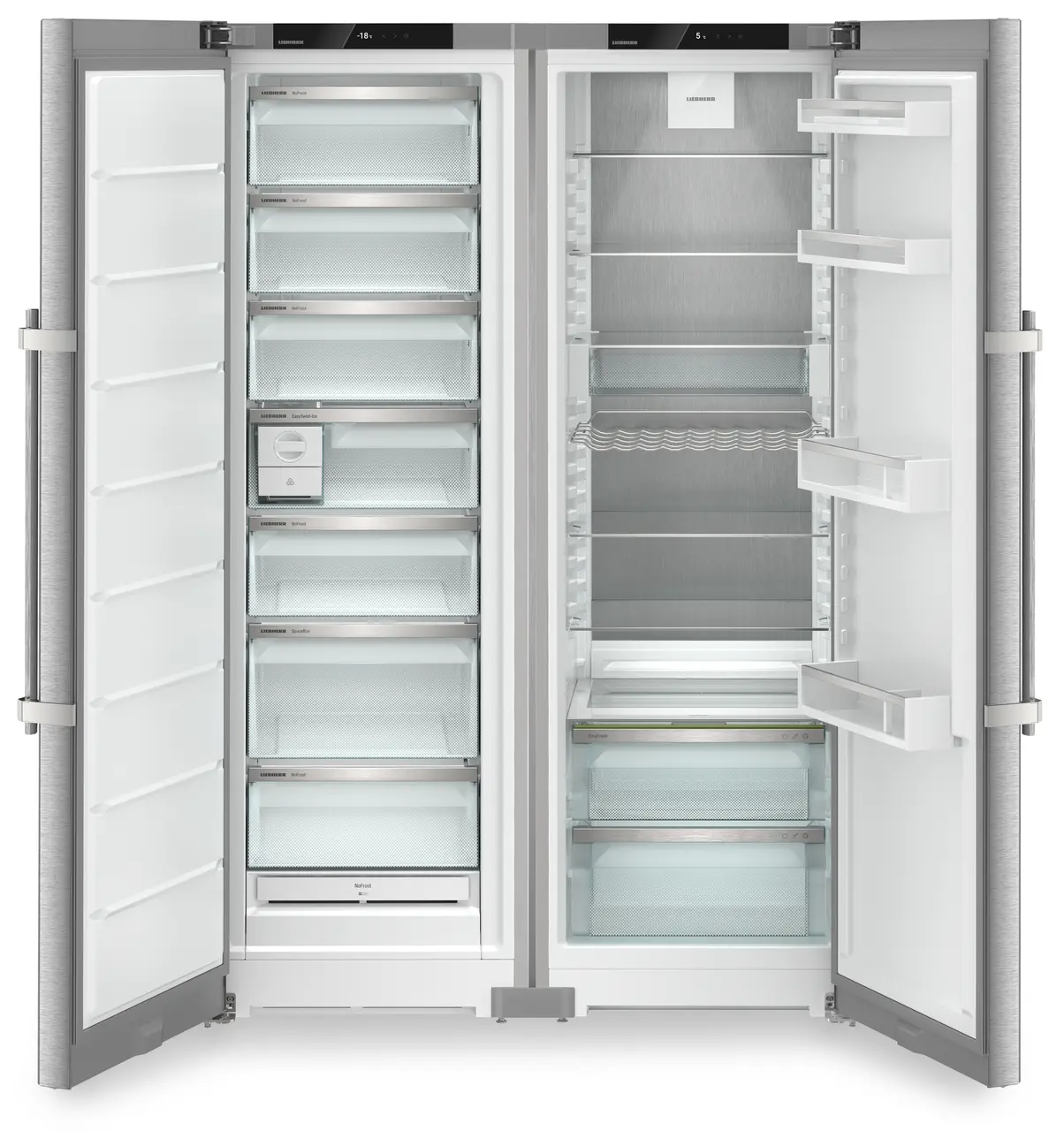 Product image, Perspective: straight open empty, Side-by-Side combination, Casing colour: silver, Door colour: stainless steel