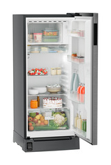 Product image, Perspective: oblique open decorated, Single-door refrigerator 202 l in 3 star with foot pedal base drawer, Casing colour: grey, Door colour: Silver Steel