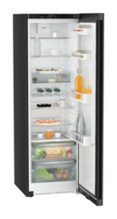 Product image, Perspective: oblique open decorated, Freestanding fridge with EasyFresh, Casing colour: black, Door colour: BlackSteel