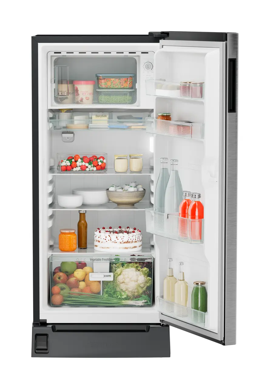 Product image, Perspective: straight open decorated, Single-door refrigerator 191 l in 3 star with foot pedal base drawer, Casing colour: grey, Door colour: Silver Steel