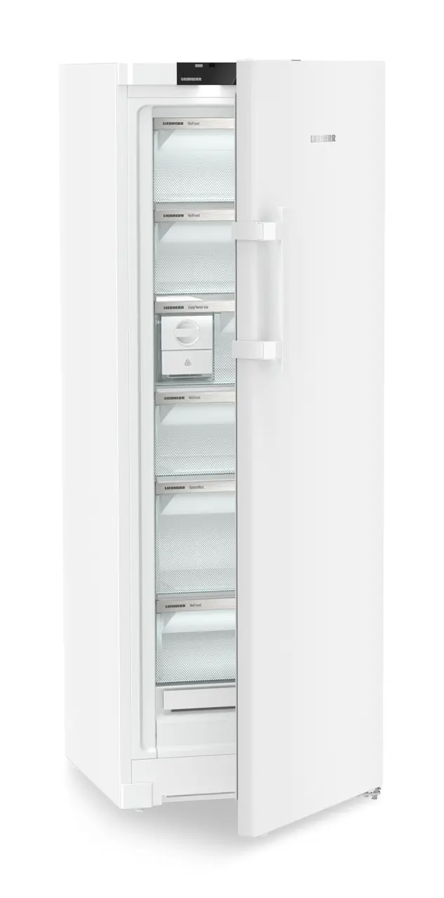 Product image, Perspective: oblique half-open empty, Freestanding freezer with NoFrost and EasyTwist-Ice, Casing colour: white, Door colour: white