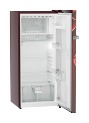 Product image, Perspective: oblique open empty, Single-door refrigerator 202 l in 4 star with iCoolTouch UI, Casing colour: red, Door colour: Red Divine