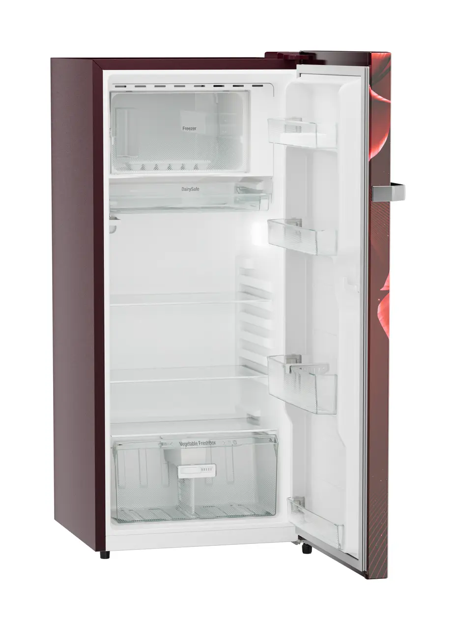 Product image, Perspective: oblique open empty, Single-door refrigerator 202 l in 4 star with iCoolTouch UI, Casing colour: red, Door colour: Red Divine