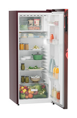 Product image, Perspective: oblique open decorated, Single-door refrigerator 222 l in 3 star with VegFresh box, Casing colour: red, Door colour: Red Divine