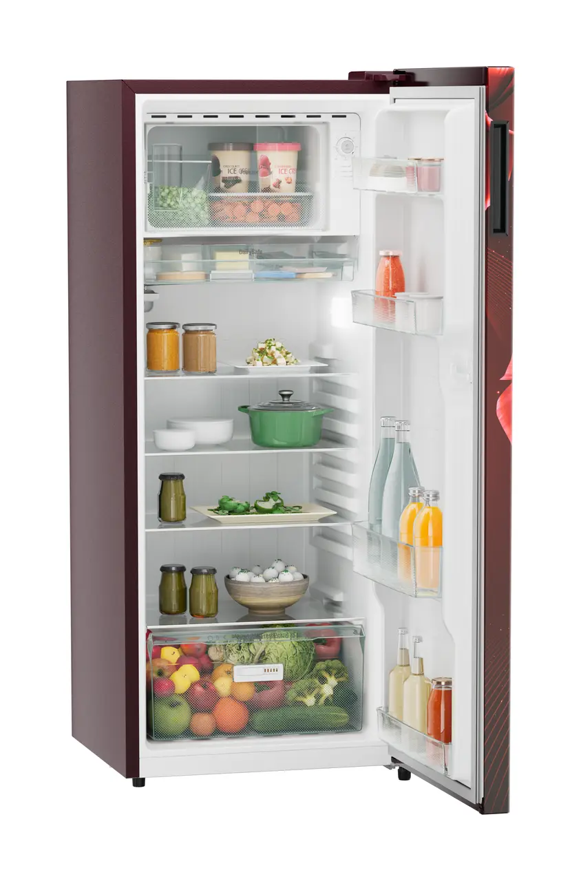 Product image, Perspective: oblique open decorated, Single-door refrigerator 222 l in 3 star with VegFresh box, Casing colour: red, Door colour: Red Divine