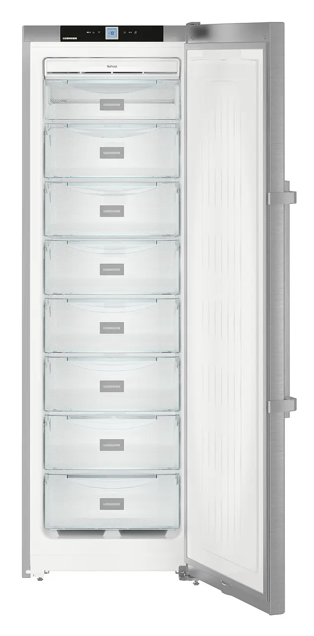 Product image, Perspective: straight open empty, Freestanding freezer with NoFrost, Casing colour: silver, Door colour: stainless steel