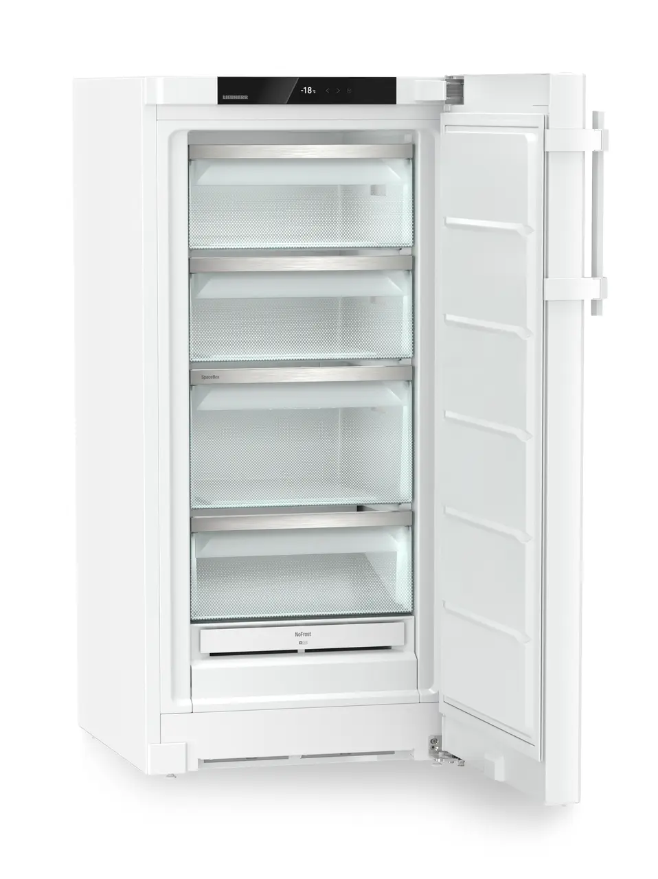 Obrázek výrobku, Perspektiva: Zešikma otevřený prázdný, Volne stojící mraznicka s NoFrost, Barva skříně: bílá, Barva dveří: bílá