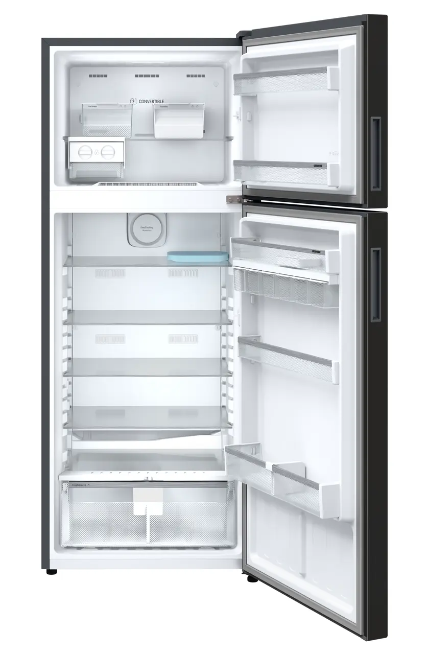 Product image, Perspective: straight open empty, Fridge-freezer with NoFrost, Casing colour: grey, Door colour: Black Gloss