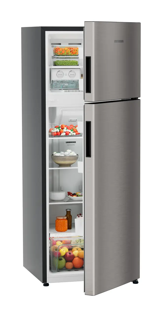 Product image, Perspective: oblique half-open decorated, Fridge-freezer with NoFrost, Casing colour: grey, Door colour: Grey Steel