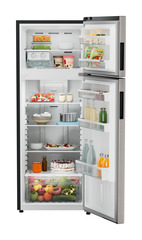 Product image, Perspective: straight open decorated, Fridge-freezer with NoFrost, Casing colour: grey, Door colour: Grey Steel