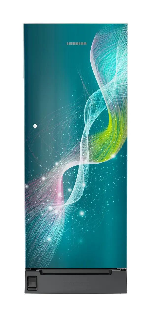 Product image, Perspective: straight closed, Single-door refrigerator 222 l in 5 star with foot pedal base drawer, Casing colour: grey, Door colour: Teal Strings