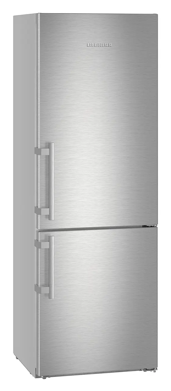 Product image, Perspective: oblique closed, Combined fridge-freezers with BioCool and NoFrost, Casing colour: silver, Door colour: stainless steel