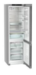 Product image, Perspective: oblique open empty, Combined fridge-freezers with EasyFresh and NoFrost, Casing colour: silver, Door colour: stainless steel