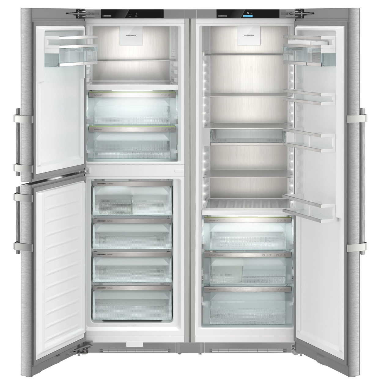 Product image, Perspective: straight open empty, Side-by-Side combination, Casing colour: silver, Door colour: stainless steel