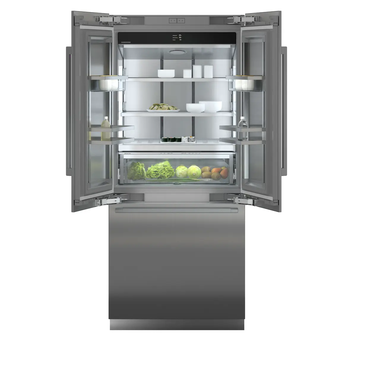 Product image, Perspective: straight open decorated, Combined refrigerator-freezer with BioFresh and NoFrost for integrated use, Casing colour: grey