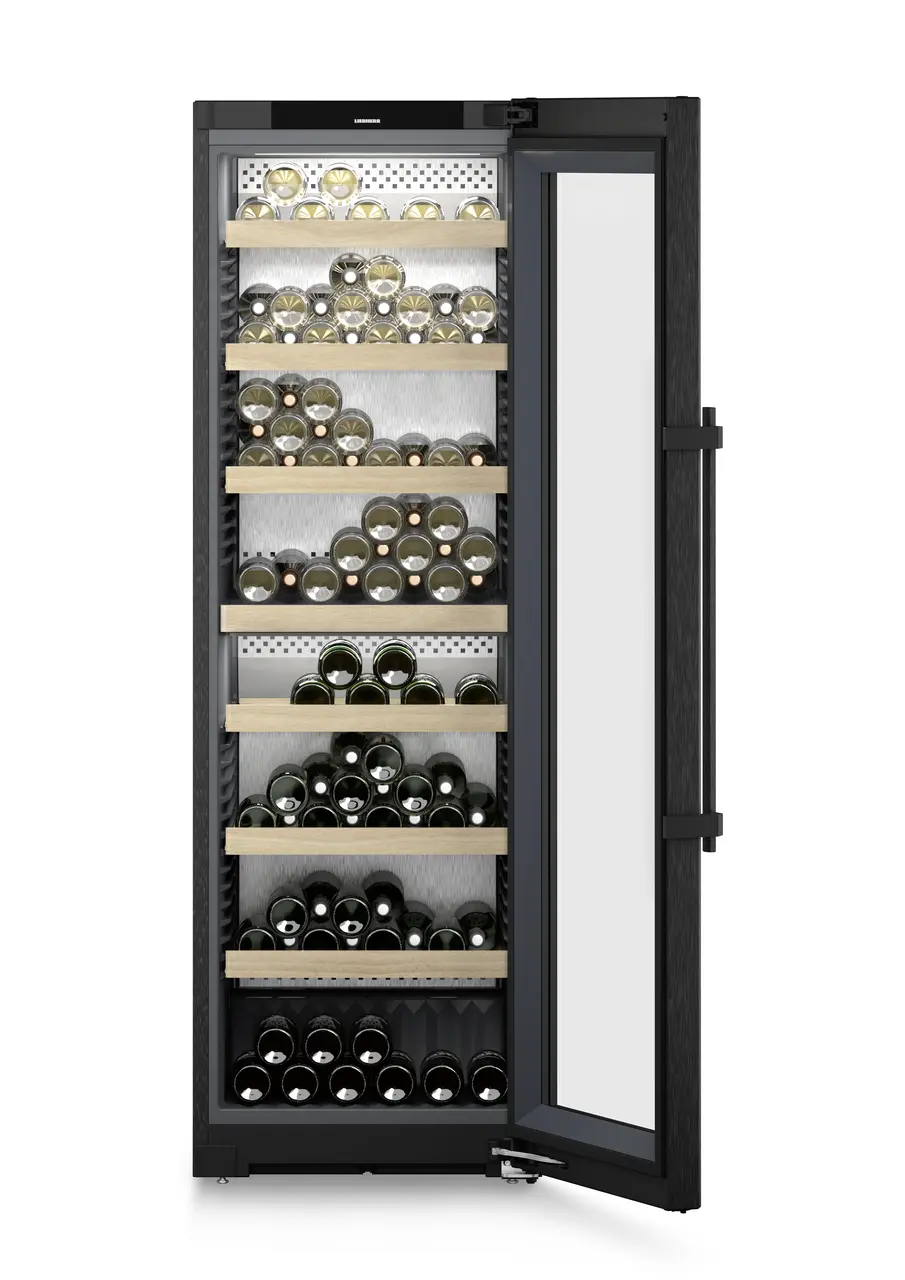 Product image, Perspective: straight open decorated, Multi-temperature wine cabinet, Casing colour: BlackSteel, Door colour: BlackSteel