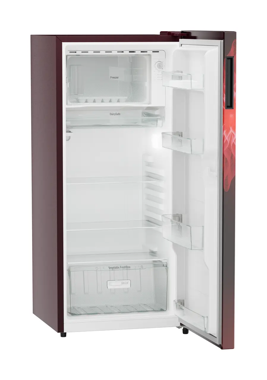 Product image, Perspective: oblique open empty, Single-door refrigerator 202 l in 3 star with VegFresh box, Casing colour: red, Door colour: Red Mystiq