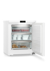 Изображение продукции, Перспектива: Под углом, с открытой дверцей, с продуктами, Малогабаритная морозильная камера с системой SmartFrost, Цвет корпуса: белый, Цвет дверцы: белый