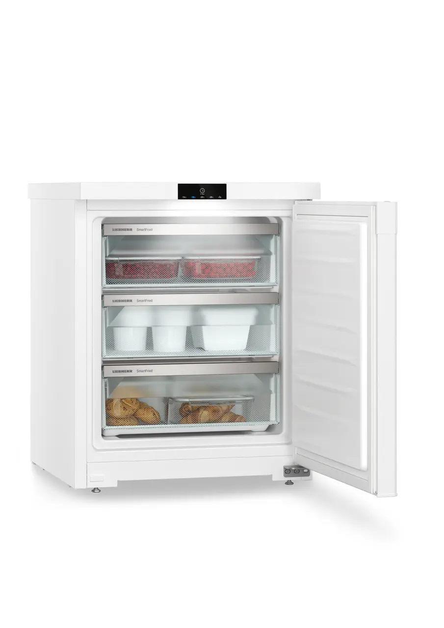 Изображение продукции, Перспектива: Под углом, с открытой дверцей, с продуктами, Малогабаритная морозильная камера с системой SmartFrost, Цвет корпуса: белый, Цвет дверцы: белый