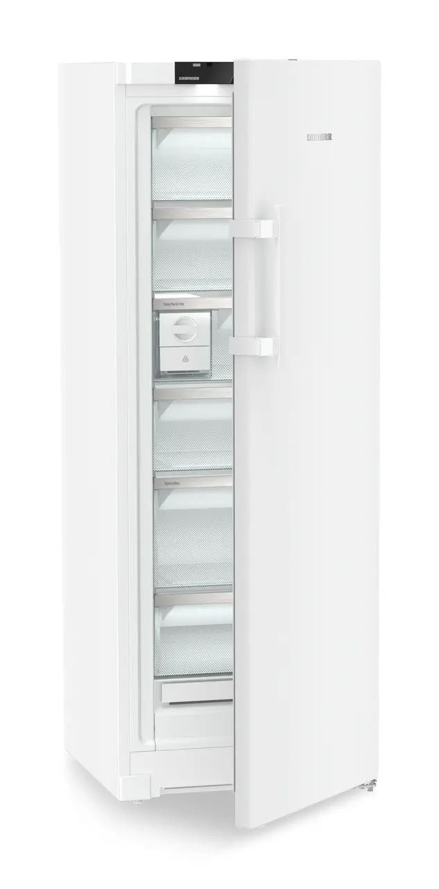 Slika izdelka, Perspektiva: Pod kotom, polodprto, prazno, Prostostoječi zamrzovalnik z vrati BluRoX in NoFrost, Barva ohišja: bela, Barva vrat: bela