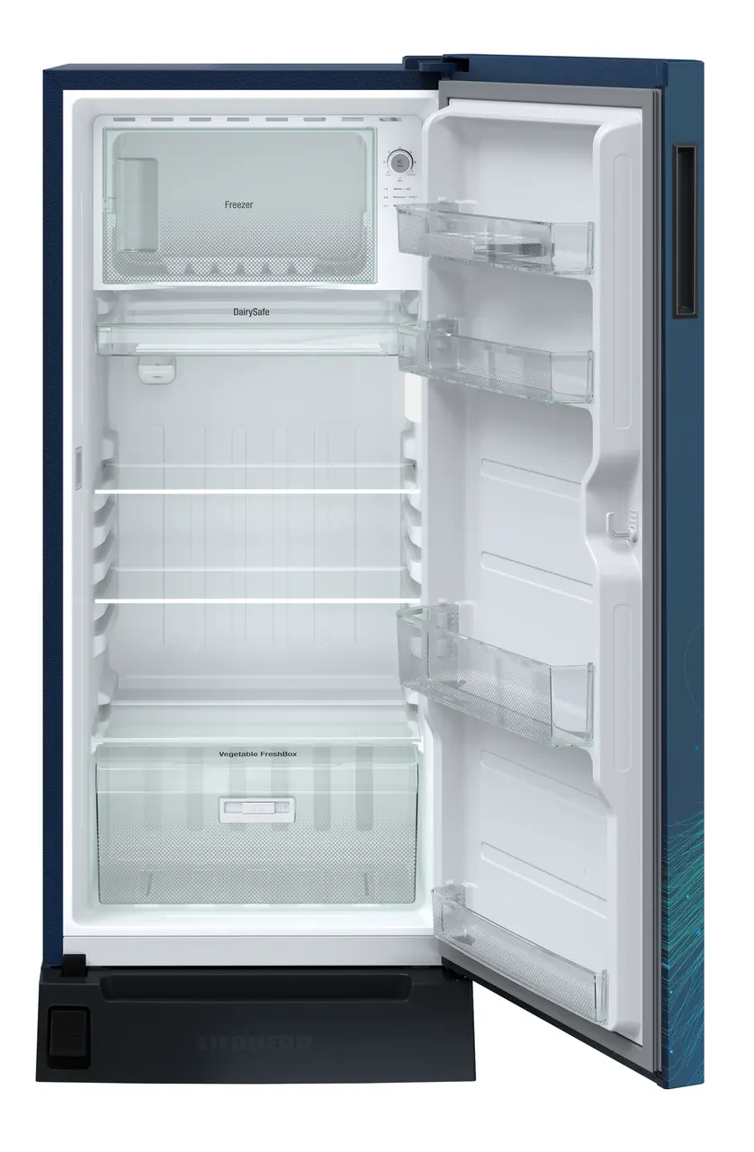 Product image, Perspective: straight open empty, Single-door refrigerator 191 l in 3 star with foot pedal base drawer, Casing colour: blue, Door colour: Azure Strings