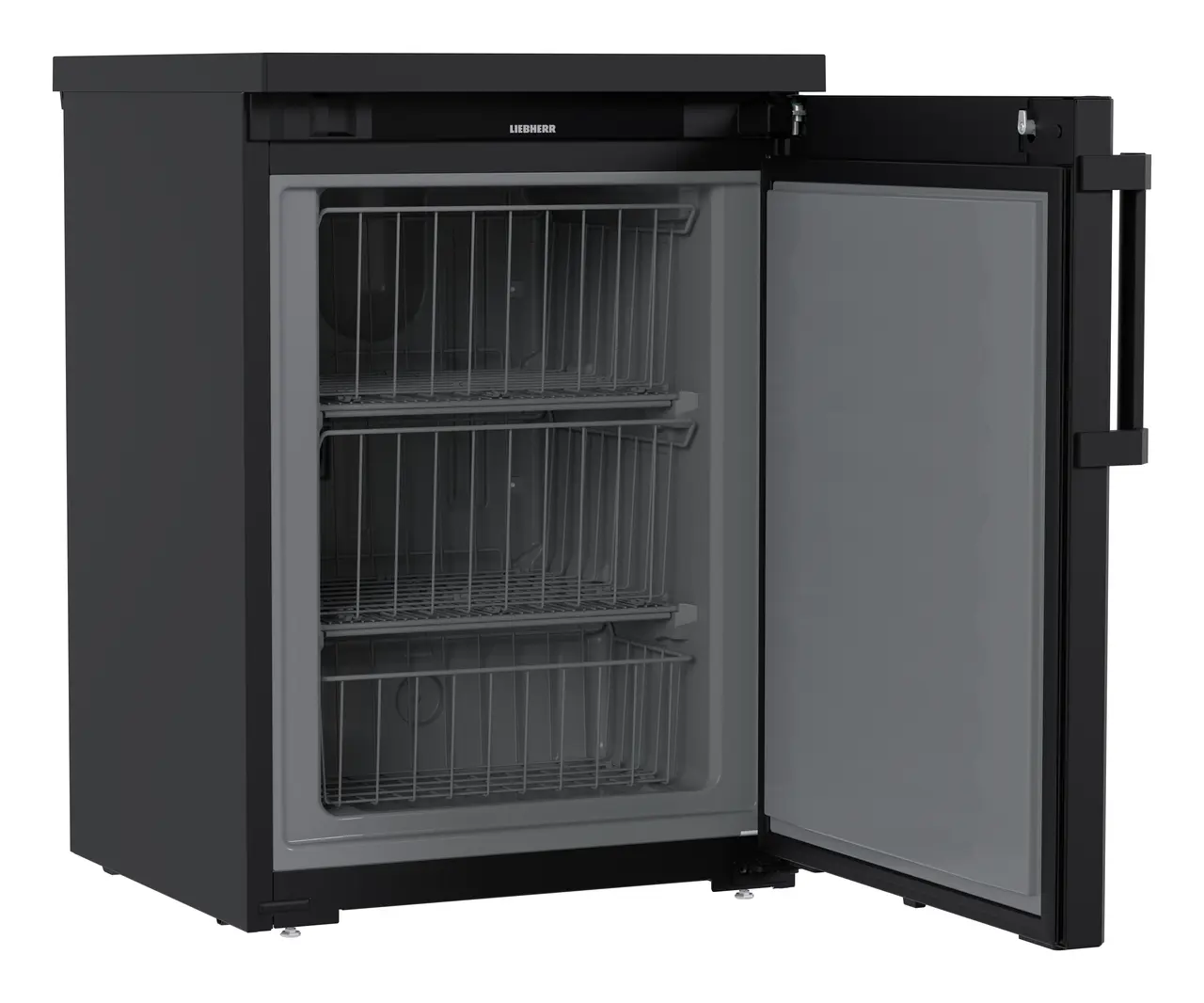 Produkt-Bild, Perspektive: schräg offen leer, Unterbaufähiges Gefriergerät mit statischer Kühlung, Gehäusefarbe: Schwarz, Türfarbe: Schwarz
