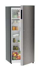 Product image, Perspective: oblique half-open decorated, Single-door refrigerator 222 l in 3 star with VegFresh box, Casing colour: grey, Door colour: Stainless Steel