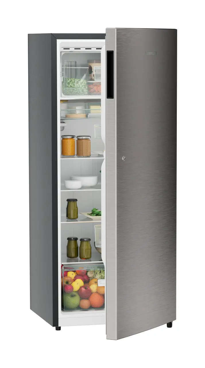 Product image, Perspective: oblique half-open decorated, Single-door refrigerator 222 l in 3 star with VegFresh box, Casing colour: grey, Door colour: Stainless Steel