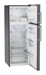 Product image, Perspective: oblique open empty, Fridge-freezer with NoFrost, Casing colour: grey, Door colour: Cobalt Steel