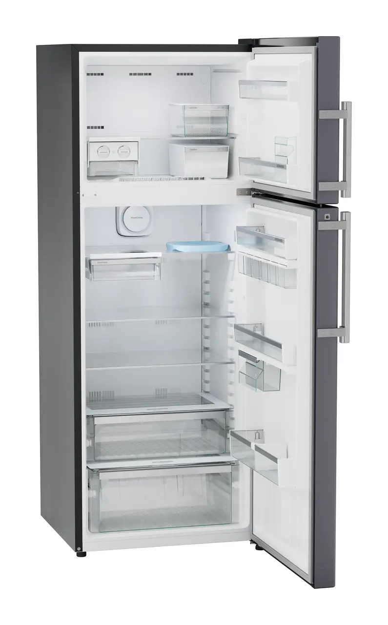 Product image, Perspective: oblique open empty, Fridge-freezer with NoFrost, Casing colour: grey, Door colour: Cobalt Steel